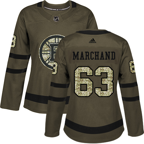 Adidas Bruins #63 Brad Marchand Green Salute to Service Women's Stitched NHL Jersey - Click Image to Close